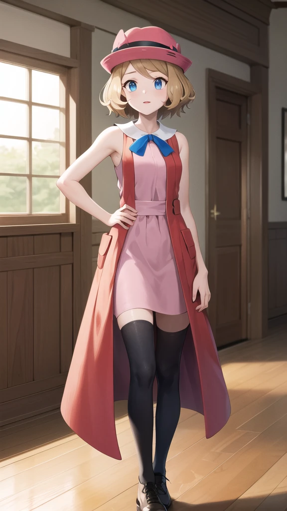 masterpiece, best quality, highres, bbserena, solo, short hair, pink headwear, eyelashes, blue eyes, neck ribbon, blue ribbon, (pink dress:1.2), sleeveless, bare arms, black thighhighs, hand on hip, indoors, standing