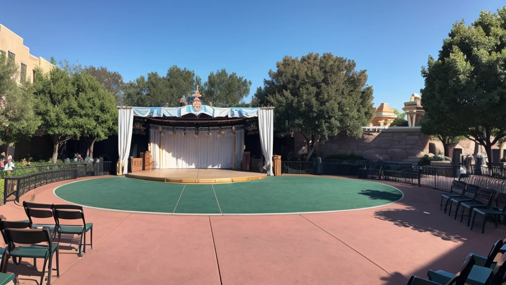 An empty outdoor stage at Disneyland during the day