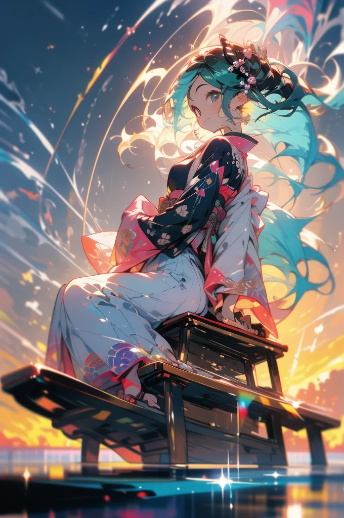 masterpiece, best quality, ultra detailed, river, a girl, samurai, a kitty, happy, smiling, sitting on the floor, looking away, bob, curly, aqua hair, odd eyes, droopy eyes, pale skin, , beautiful breasts, kimono, holding fishing rod, with a full moon, in the evening, nostalgic atmosphere, cel anime, full body shot, on right, from behind, golden ratio, golden hour, directional light, in focus with blurred background, Dark_Indigo