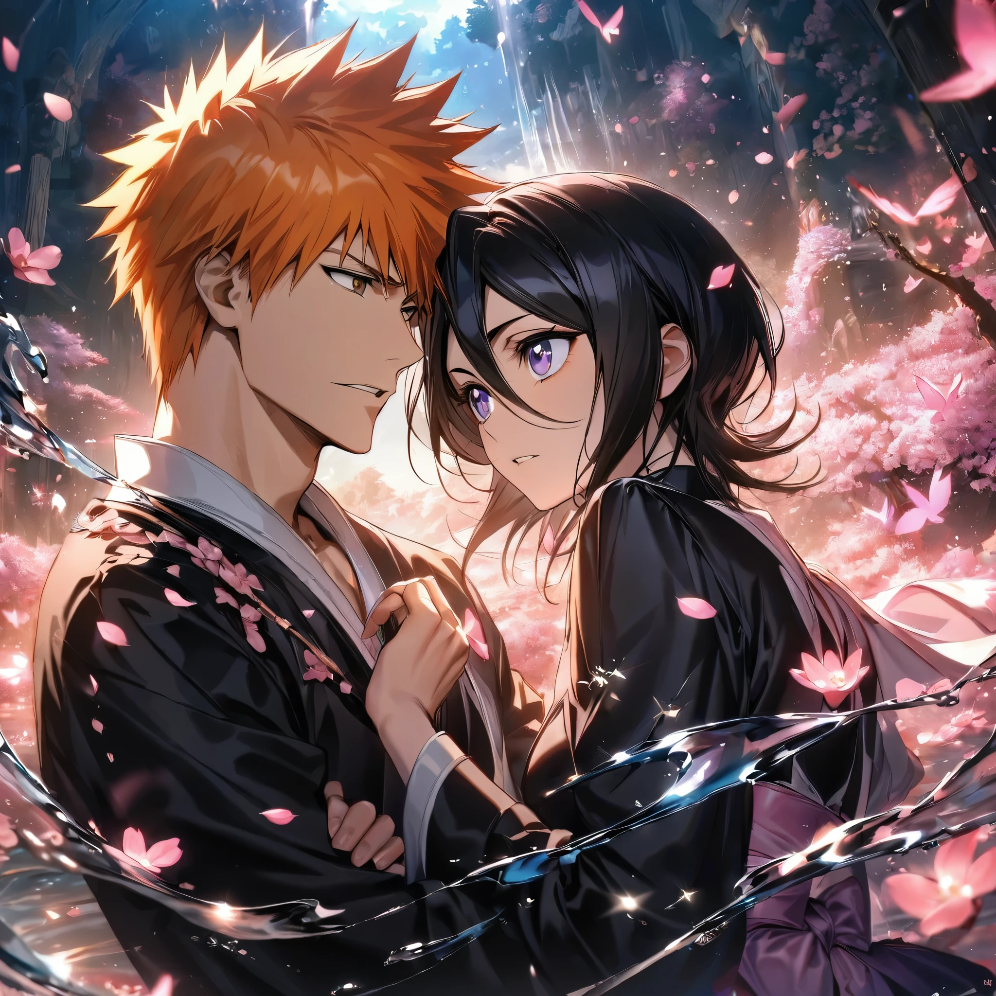absurdres, highres, ultra detailed, HDR, master piece, best quality, Kurosaki Ichigo, orange hair, expressive brown eyes, Bleach, Kuchiki Rukia, black hair, expressive purple eyes, handsome man together with a beautiful woman, couple, black clothes, magical, fantasy, shining, water, pink flowers, blossoms, pink butterflies, pink petals