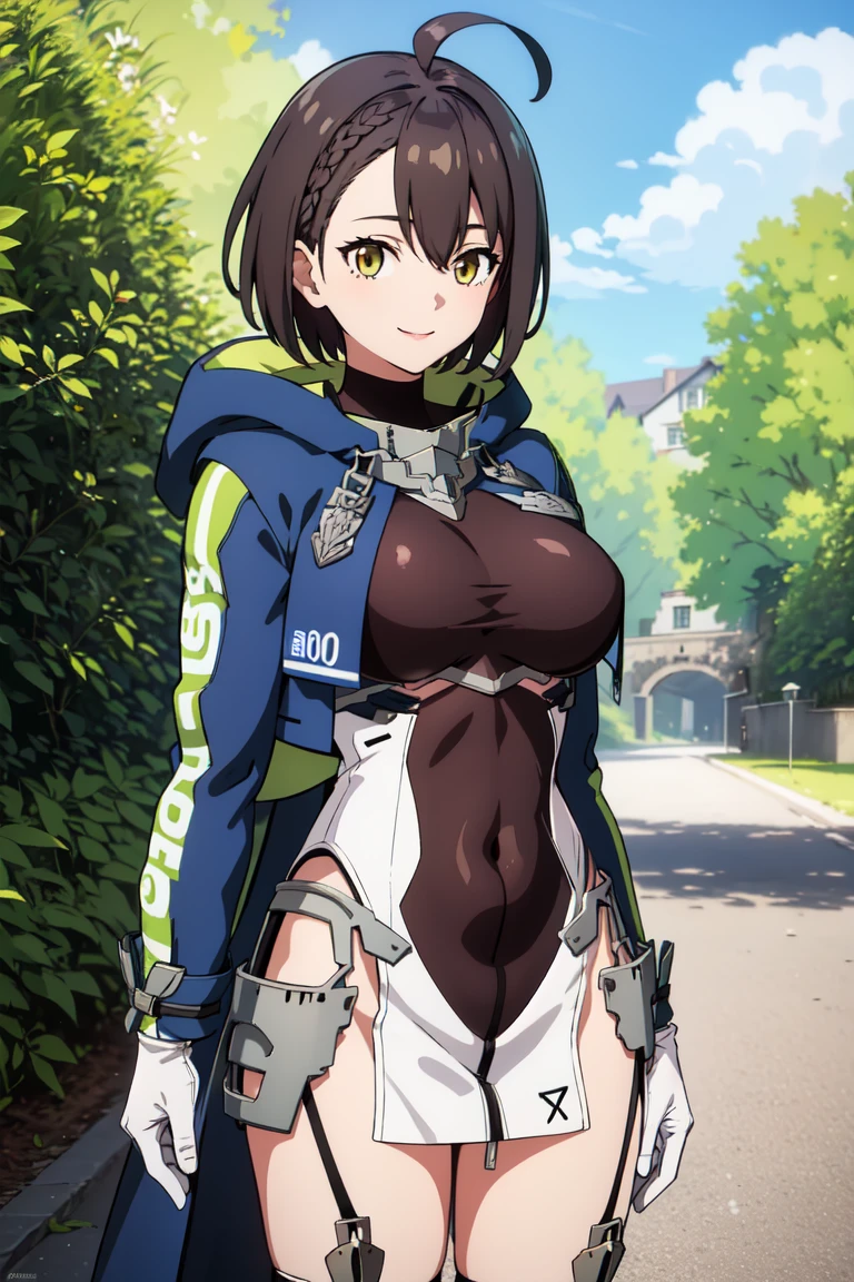 masterpiece, Highest quality, High resolution, Abarthi, short hair, Ahoge, French Braid, Hooded coat, Blue coat, Open Court, Clippings under the chest, Center opening, Long sleeve, White gloves, Garter Straps, Pelvic Curtain, Knee socks, Cowboy Shot, Are standing, Outdoor, smile