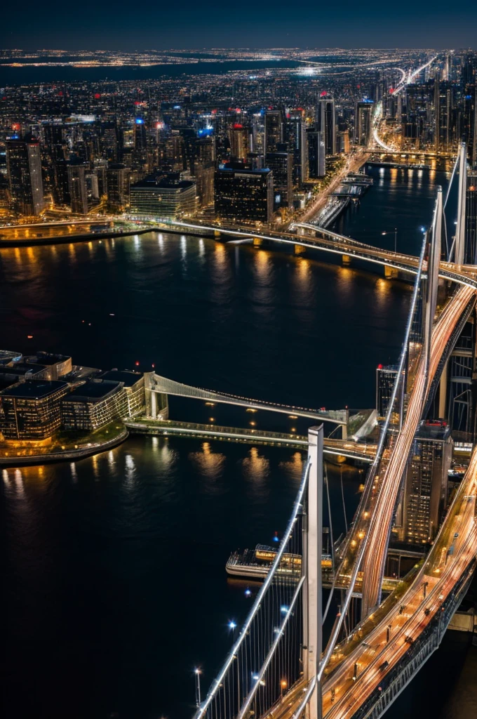 on top of the bridge view with city lights and buildings at night
