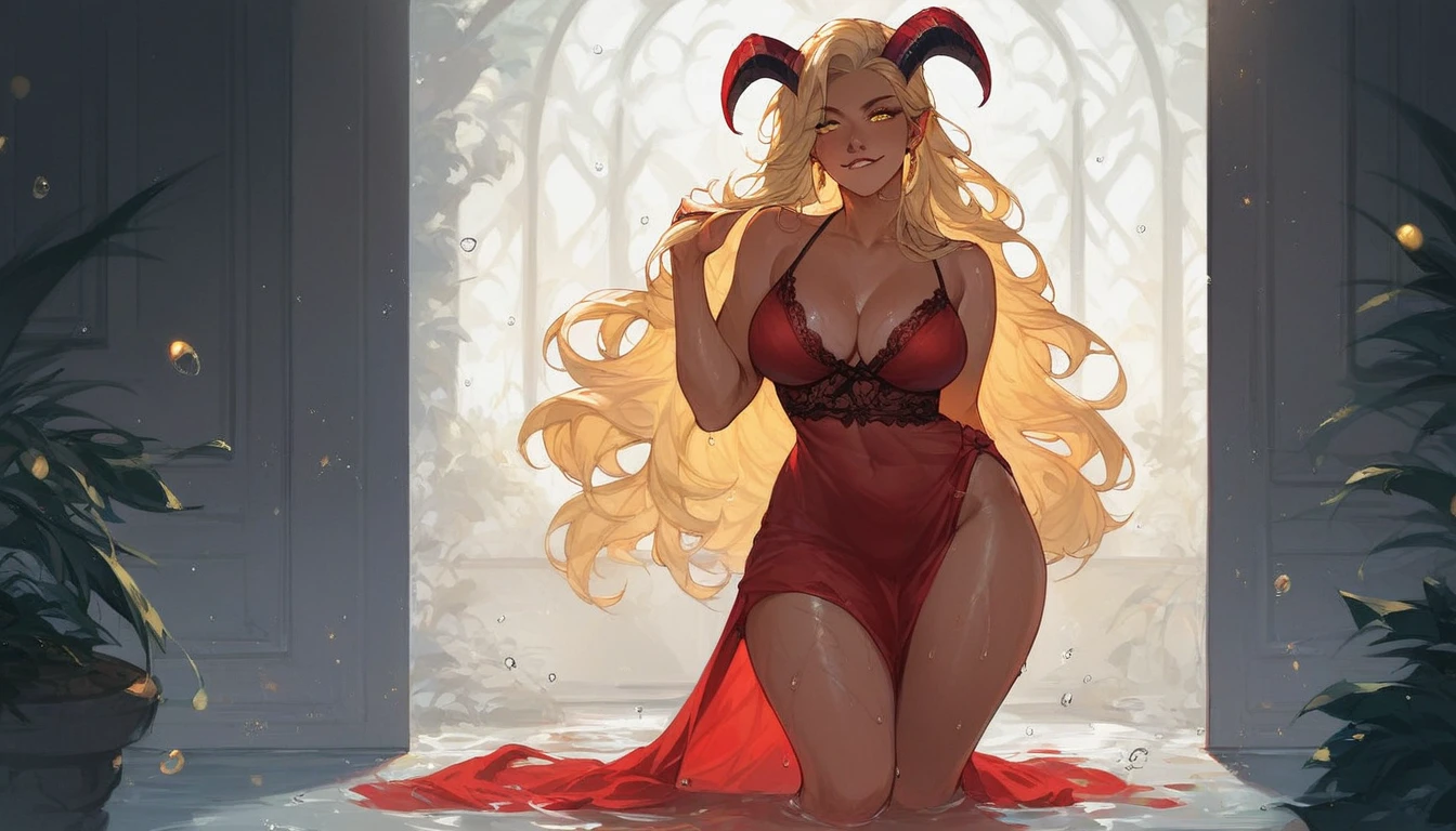 score_9, score_8_up, score_7_up, score_6_up, score_5_up, score_4_up, 1girl, solo, extreme detail, Masterpiece, Best Quality, beautiful, high res image, rating_explicit,evil smile,demon horns, succubus,golden eyes, golden hair, dark skin,, Expression biting lower lip, wearing red lace nightgown,bend forward ,wet body, water droplets, sexy thighs, standing , pushing the door open, (seductive:1.1), night, moonlight,perfect lighting, full body
