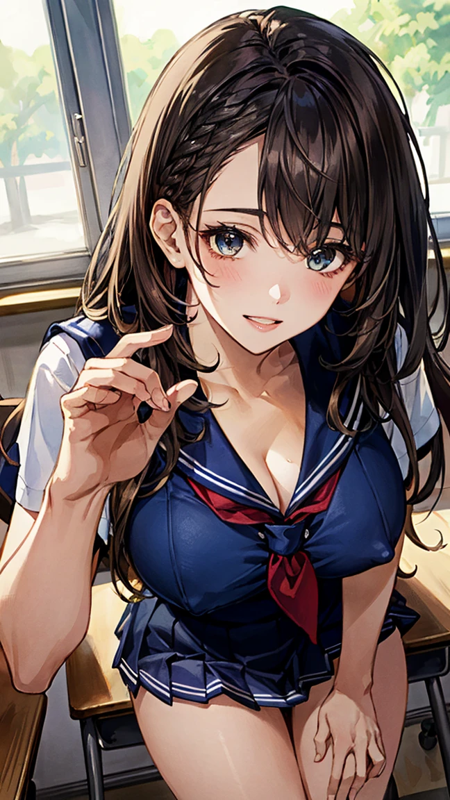 (masterpiece:1.2, Highest quality, Ultra-high resolution, Super detailed), (Realistic, photoRealistic:1.2), Beautiful illustrations, Perfect lighting, Natural light, colorful, Depth of written boundary, Browsing Caution, Vulgarity,
Beautiful detailed hair, Highly detailed face, Beautiful attention to detail, Beautiful clavicle, Beautiful body, Beautiful breasts, Beautiful thighs, Beautiful feet, Beautiful fingers,
View your viewers, 1 girl, kitamurakaori, (Perfect Anatomy, Anatomically correct, Highly detailed skin), Cute and symmetrical face,
Perfect Face, Perfect Eyes, Perfect body, Perfect Fingers, (Skin Dentition), White skin, Glowing Skin,
(Long Hair, Straight hair, Messy Hair:0.6, Black Hair), Swept-apart bangs, blue eyes, Droopy eyes, Long eyelashes, (Large Breasts, Big Hips, Captivating thighs), thin, Excellent style,
(Detailed cloth texture), Short sleeve, Blue Sailor Suit, Pleated skirt, Red Sailor Scarf, School Bugs,
(Beautiful views), evening, (classroom:1.2), walk, (smile, Lips parted),