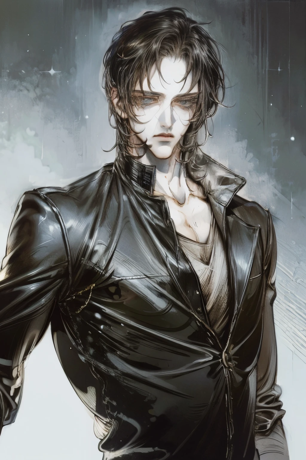 (Best Quality,4k,8k,high resolution,Masterpiece:1.2),ultra detailed,(realist,photorealist,photo-realist:1.37),1 man,31 years,mature man,muscular,square jaw,very handsome,without expresion,short gray black hair,hairstyle,Blue eyes,glare,perfect face without mistakes,imposing posture,collar jacket,leather jacket,dark background,cinematic lighting,imagen HDR