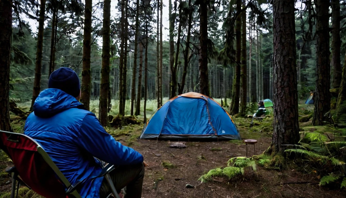 dark night, tense tent camping environment among the trees in the forest, man in blue jacket sitting on the chair, in the right corner of the screen, with his back to the camera