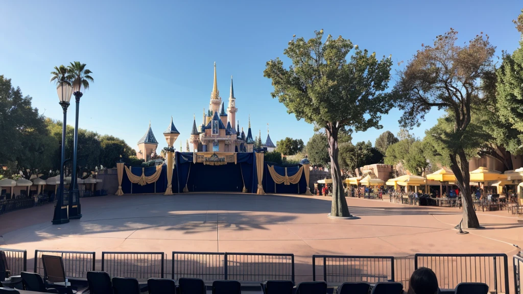 An empty outdoor stage at Disneyland during the day