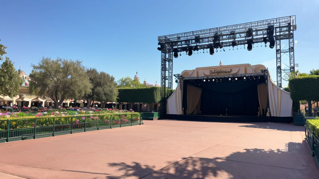 An empty outdoor stage at Disneyland during the day