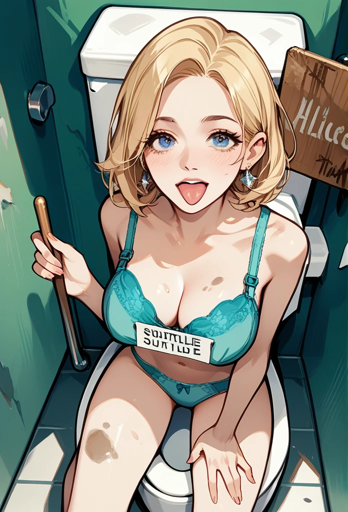 masterpiece, best quality, mature woman, blonde hair, sharp eyes, curvy body, dirty public toilet, kneeling, bra, panties, besides urinal, above view, front view, tongue out, (holding sign, toilet sign, male toilet), hand on thigh
