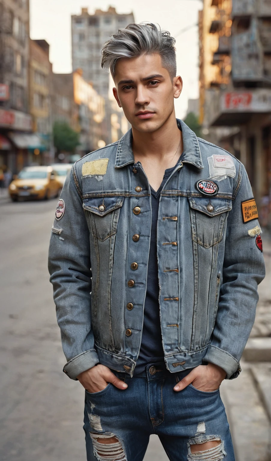 masterpiece, top, very realistic, very detailed, original photo of handsome young man aged 28 years cool undercut gray hair wearing full denim jacket with patches on the sleeves, tight jeans ripped at the knees, facing the viewer, the background shows an urban environment with buildings destroyed and dusty, warm lighting in the afternoon. The focus is on the youthful details of clothing textures and realistic city settings. frontal, facial details, clothing details, background details, very detailed descriptions.