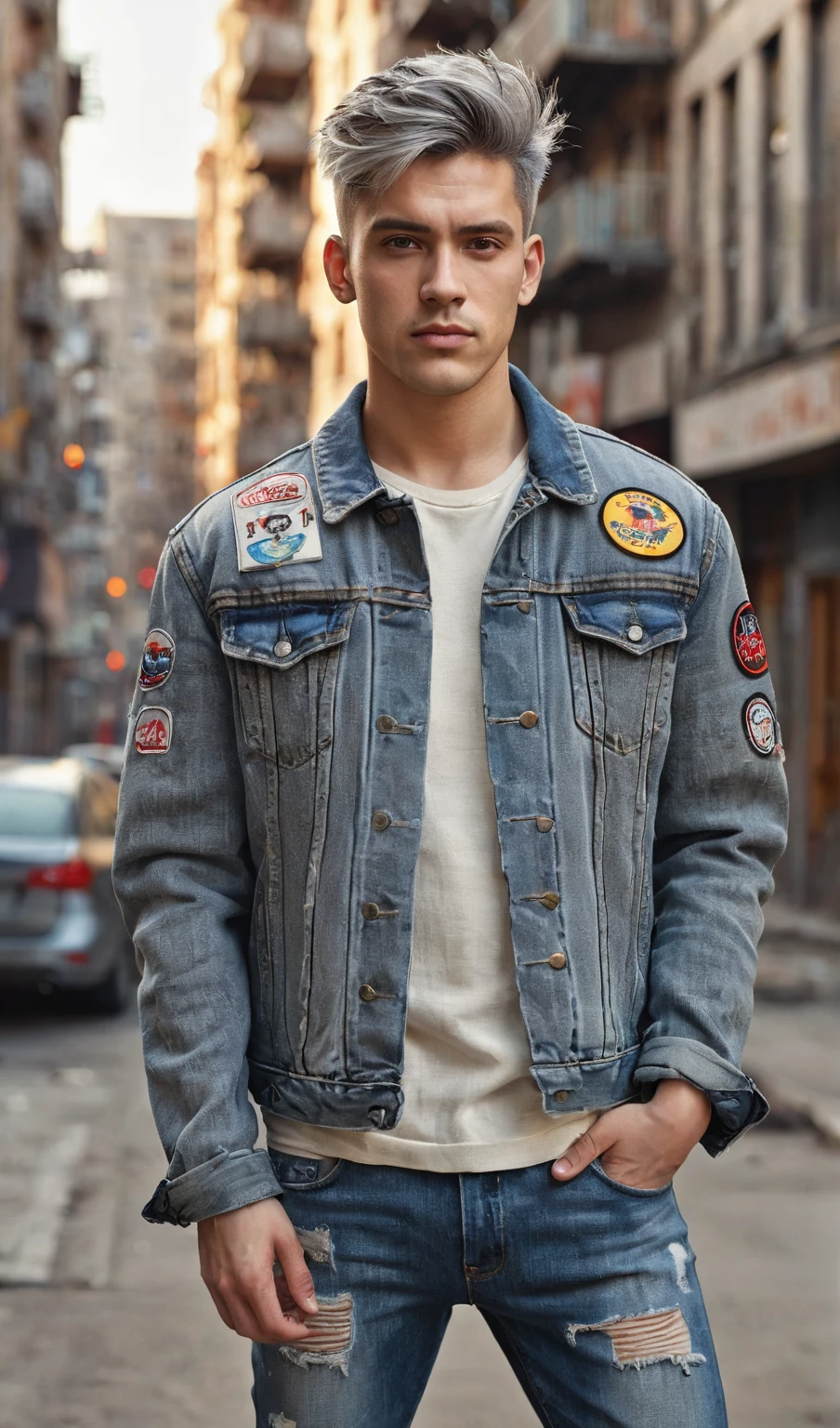 masterpiece, top, very realistic, very detailed, original photo of handsome young man aged 28 years cool undercut gray hair wearing full denim jacket with patches on the sleeves, tight jeans ripped at the knees, facing the viewer, the background shows an urban environment with buildings destroyed and dusty, warm lighting in the afternoon. The focus is on the youthful details of clothing textures and realistic city settings. frontal, facial details, clothing details, background details, very detailed descriptions.