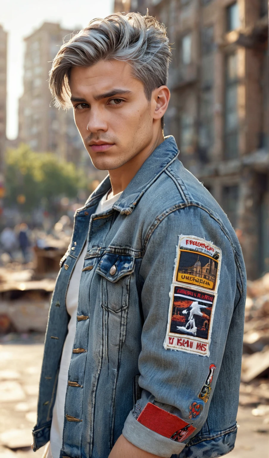 masterpiece, top, very realistic, very detailed, original photo of handsome young man aged 28 years cool undercut gray hair wearing full denim jacket with patches on the sleeves, tight jeans ripped at the knees, facing the viewer, the background shows an urban environment with buildings destroyed and dusty, warm lighting in the afternoon. The focus is on the youthful details of clothing textures and realistic city settings. frontal, facial details, clothing details, background details, very detailed descriptions.