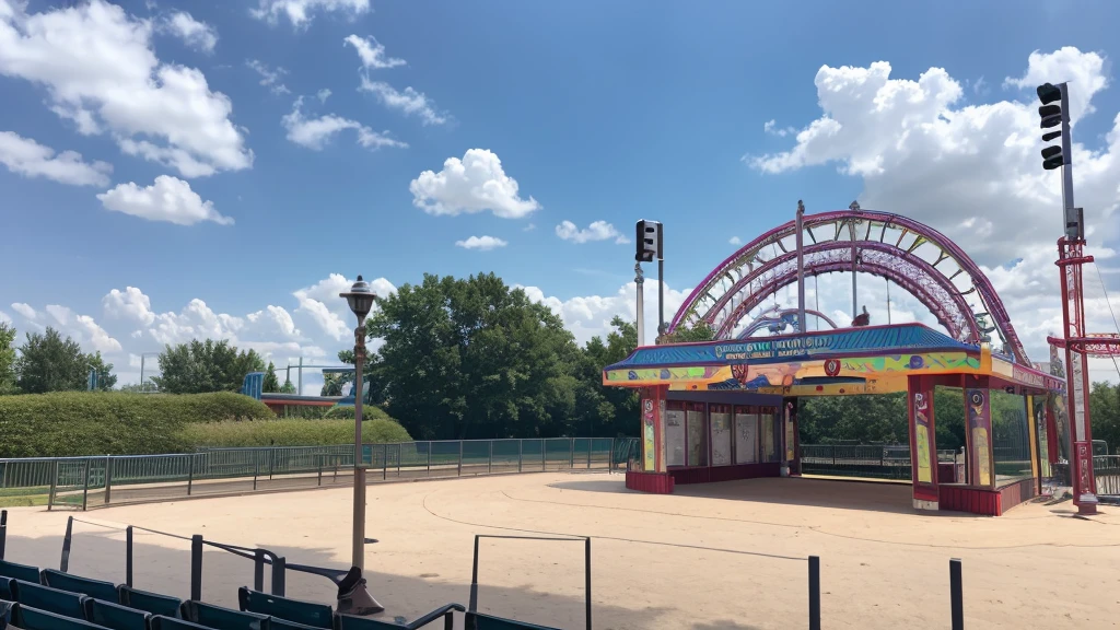 An outdoor stage at an empty amusement park during the day