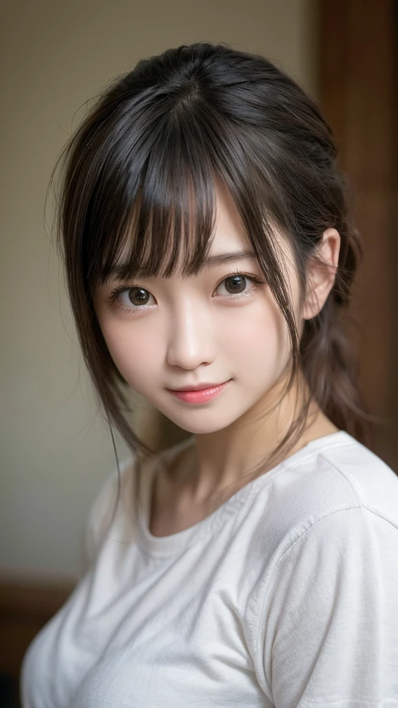 masterpiece, best quality, 8K, disorganized person, (Upper body:1.4), white shirt, beautiful girl, pretty face, looking at the viewer, smile, super realistic, high resolution, picture, sharp focus, HDR, face light, dynamic lighting, movie lighting, professional shadow, simple background, best details, very detailed, Super detailed, fine details, real skin, delicate features, detailed face and eyes, sharp pupils、realistic student