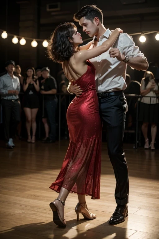 ((una pareja bailando bachata)), ((en navidad)), (en una pista de baile,luces, nieve) que tenga escrito (Happy new year)