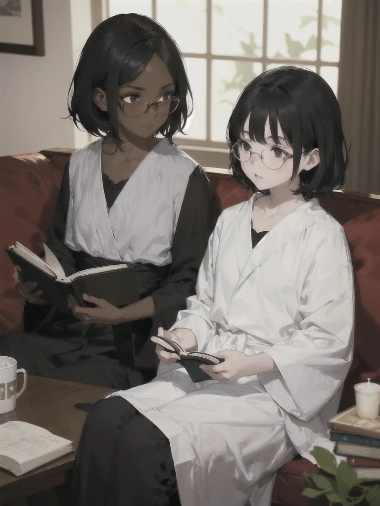 Two girls. (The first girl: dark-skinned, African-American, shoulder length black hair, round glasses, dressed in white pajamas, eats potatoes for dinner)
(Second girl: White skin, Short black hair, dressed in a black robe and black underwear, No Points, reading a book at the same table with the First Girl)