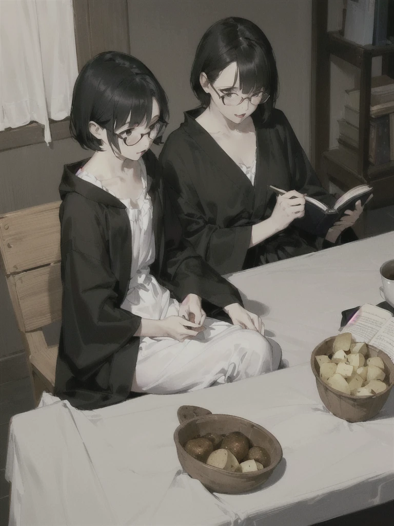 Two girls. (The first girl: dark-skinned, African-American, shoulder length black hair, round glasses, dressed in white pajamas, eats potatoes for dinner)


(Second girl: White skin, Short black hair, dressed in a black robe and black underwear, No Points, reading a book at the same table with the First Girl)