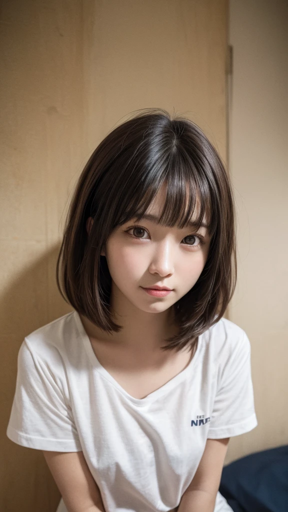 Cute girl tied up、beauty、Even out the eyey hands are tied with ropes、Inside the hotel room、White short sleeve shirt、Navy blue standing in front of a wall、Age 25、Medium build、Small face、, light brown hair, shiny hair, hair over shoulder, expressive hair, straight hair, asymmetrical bangs, seductive smile, Surrealism, Verism, depth of field, cinematic lighting, first-person view, Nikon, f/1.2, UHD, anatomically correct, textured skin, best quality, highres, 8k