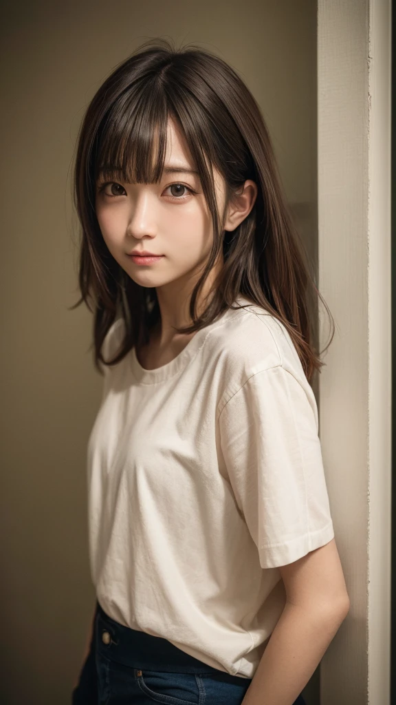 Cute girl tied up、beauty、Even out the eyey hands are tied with ropes、Inside the hotel room、White short sleeve shirt、Navy blue standing in front of a wall、Age 25、Medium build、Small face、, light brown hair, shiny hair, hair over shoulder, expressive hair, straight hair, asymmetrical bangs, seductive smile, Surrealism, Verism, depth of field, cinematic lighting, first-person view, Nikon, f/1.2, UHD, anatomically correct, textured skin, best quality, highres, 8k