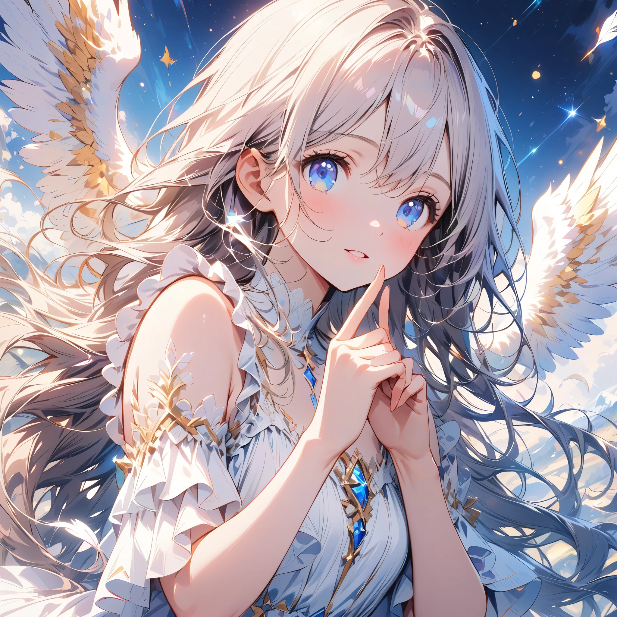 (best quality:1.2),(hands finger 5 digits:1.3),(extremely delicate and beautiful:1.3),(detailed ultra detailed:1.2),(scenery clear details:1.2),(scenery crystal clear :1.2),(solo),(blue eyes),(long white long hair),(white dress),(angel wings),(floating white feathers,starry sky),(clusters of stars,starry sky),(glinting stars),(solo),(long silver long hair),(best quality:1.2),(hands finger 5 digits:1.3),(extremely delicate and beautiful:1.3),(detailed ultra detailed:1.2),(scenery clear details:1.2),