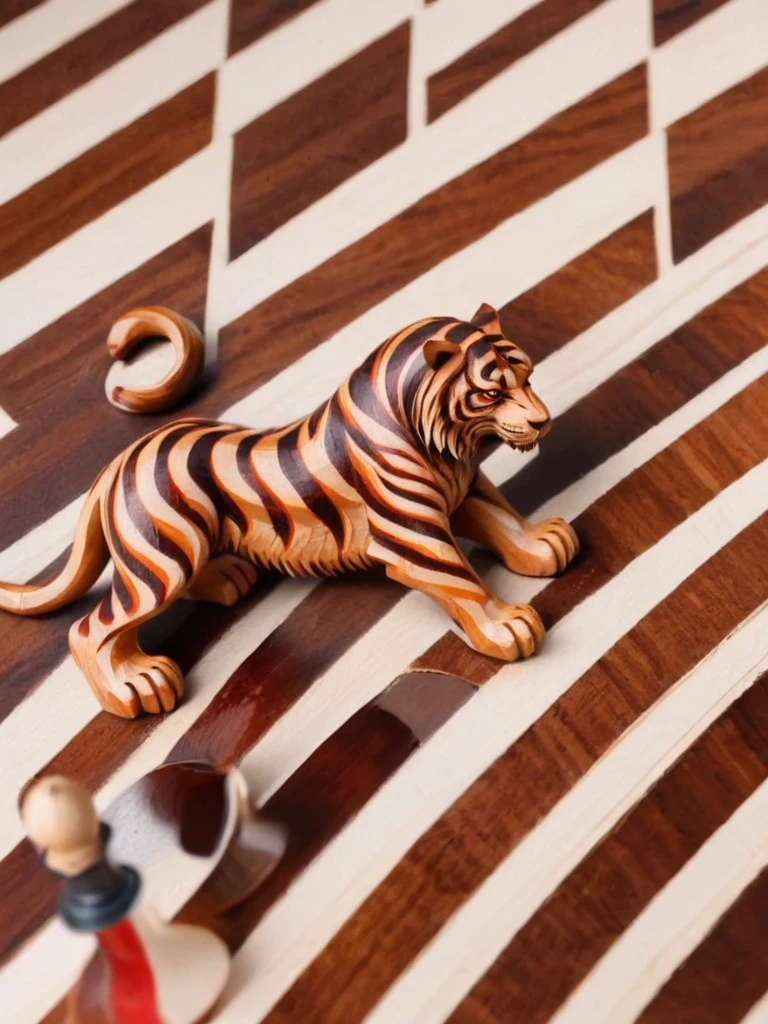 Wooden Figure, checkerboard, Amazing wooden tiger, (Apply varnish color:1.2), Art style