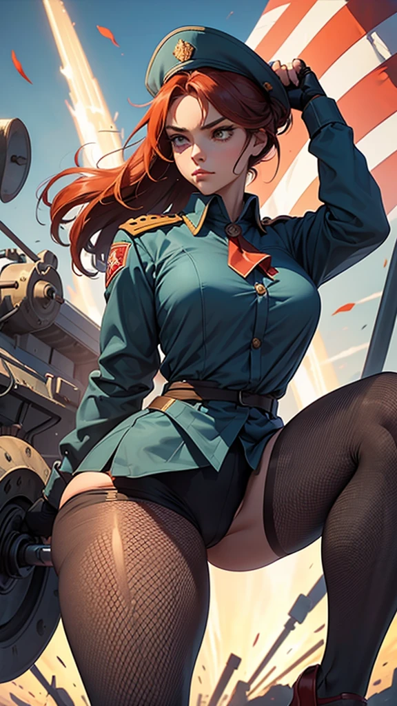 wearing the pantyhose and garter belt stockings and fishnet stockings，fleshy thigh ，thick thigh ，big round breasts，huge breasts ，perfect body；Bathed in the golden hues of dawn or dusk, a Soviet heroine stands resolutely beneath the shadow cast by a colossal Soviet flag, its red fabric billowing in the wind. Her eyes, filled with determination, meet the gaze of those around her, her healthy, sun-kissed complexion a testament to her hard work and resilience. Her hair, gathered simply in a bun at the nape of her neck, keeps it out of her face as she toils. Clad in the robust cotton work uniform of a Soviet laborer, her attire is both practical and symbolic. The deep blue or gray color of her clothes is punctuated by the bold red star or the iconic hammer and sickle emblem, symbols of the collective strength and unity of the working class. Multiple pockets line her uniform, each carefully designed to carry the tools of her trade, ensuring efficiency and readiness for any task at hand. Perched atop her head is a standard Soviet worker's cap, its red star gleaming against the sky. This cap is more than mere protective gear; it is a badge of pride and honor, representing her dedication to the state and the ideals it embodies. Her hands, shielded by thick work gloves, are the instruments of her labor, toughened by the rigors of her daily tasks yet safeguarded from harm by the sturdy material.