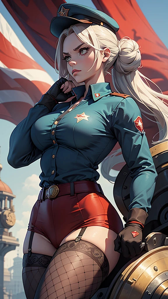 wearing the pantyhose and garter belt stockings and fishnet stockings,fleshy thigh ,thick thigh ,big round breasts,huge breasts ,perfect body;Bathed in the golden hues of dawn or dusk, a Soviet heroine stands resolutely beneath the shadow cast by a colossal Soviet flag, its red fabric billowing in the wind. Her eyes, filled with determination, meet the gaze of those around her, her healthy, sun-kissed complexion a testament to her hard work and resilience. Her hair, gathered simply in a bun at the nape of her neck, keeps it out of her face as she toils. Clad in the robust cotton work uniform of a Soviet laborer, her attire is both practical and symbolic. The deep blue or gray color of her clothes is punctuated by the bold red star or the iconic hammer and sickle emblem, symbols of the collective strength and unity of the working class. Multiple pockets line her uniform, each carefully designed to carry the tools of her trade, ensuring efficiency and readiness for any task at hand. Perched atop her head is a standard Soviet worker's cap, its red star gleaming against the sky. This cap is more than mere protective gear; it is a badge of pride and honor, representing her dedication to the state and the ideals it embodies. Her hands, shielded by thick work gloves, are the instruments of her labor, toughened by the rigors of her daily tasks yet safeguarded from harm by the sturdy material.