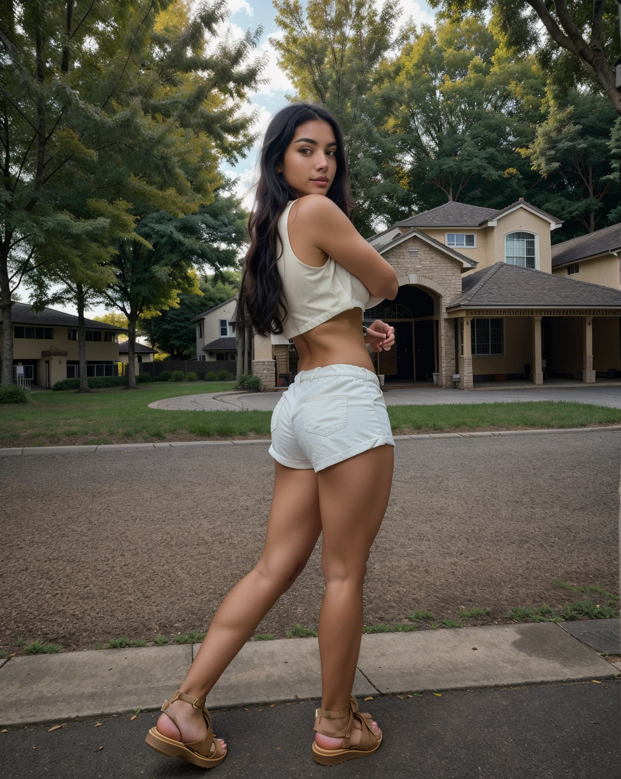 Beautiful latina girl with black hair wearing a (crop top and shorts) (at a park), (top down pov) highly detailed, 22 years old, , , innocent face, natural wavy hair, brown eyes, high resolution, Masterpiece, Best quality, Intricate high detail, Highly detailed, Sharp focus, Detailed skin, realistic skin texture, texture, detailed eyes, professional, 4k, charming smile, shot on Canon, 18mm, shallow depth of field, Kodak Vision Color, Perfect Fit Body , extremely detailed, photography_\(ultra\), Photorealistic, Realistic, Post-processing, maximum details, roughness, real life, ultra realistic, Photorealism, photography, 8k UHD, photography, busty