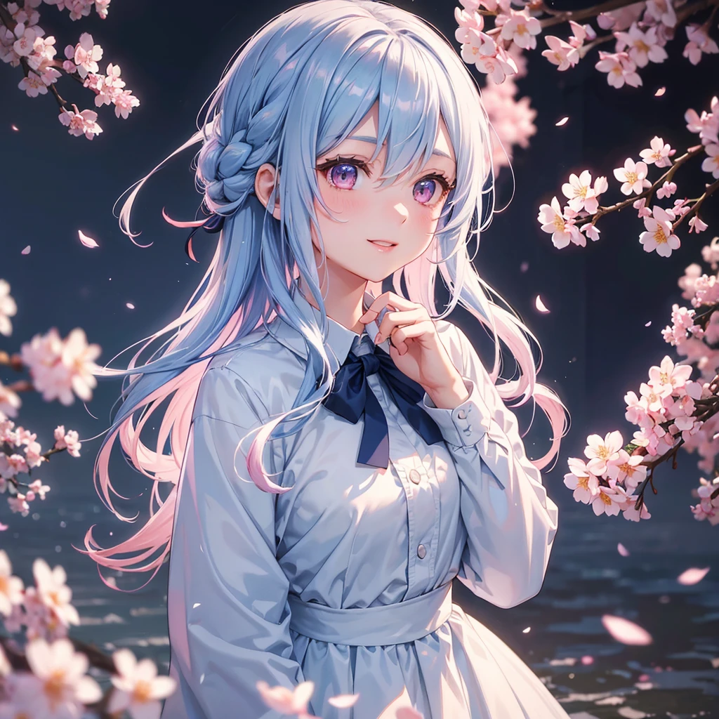 (Light Blue Medium Hair),(Braided Hair)、Pink Eyes、Fair skin、(whole body)、(uniform)、Cherry Blossoms at Night、Big smile、A dignified figure、alone、(masterpiece、Highest quality、Very detailed、Best Shadow)、(Detailed Background)、(Beautifully detailed face)、High Contrast、(Best lighting、Very delicate and beautiful)、((Cinematic Light))、colorful、Hyper Detail、Dramatic Light、Exquisite detail、