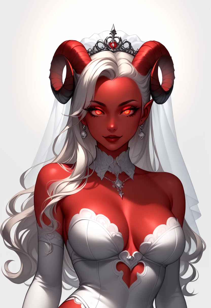 score_9, score_8_up, score_7_up, 1girl, solo, flowing hair, glowing red eyes, curved ram horns, sharp ears, red skin, demoness, stark white background, limited red palette, monochromatic, eerie atmosphere, light wedding dress, seductive, crawling seductively, sexy pose