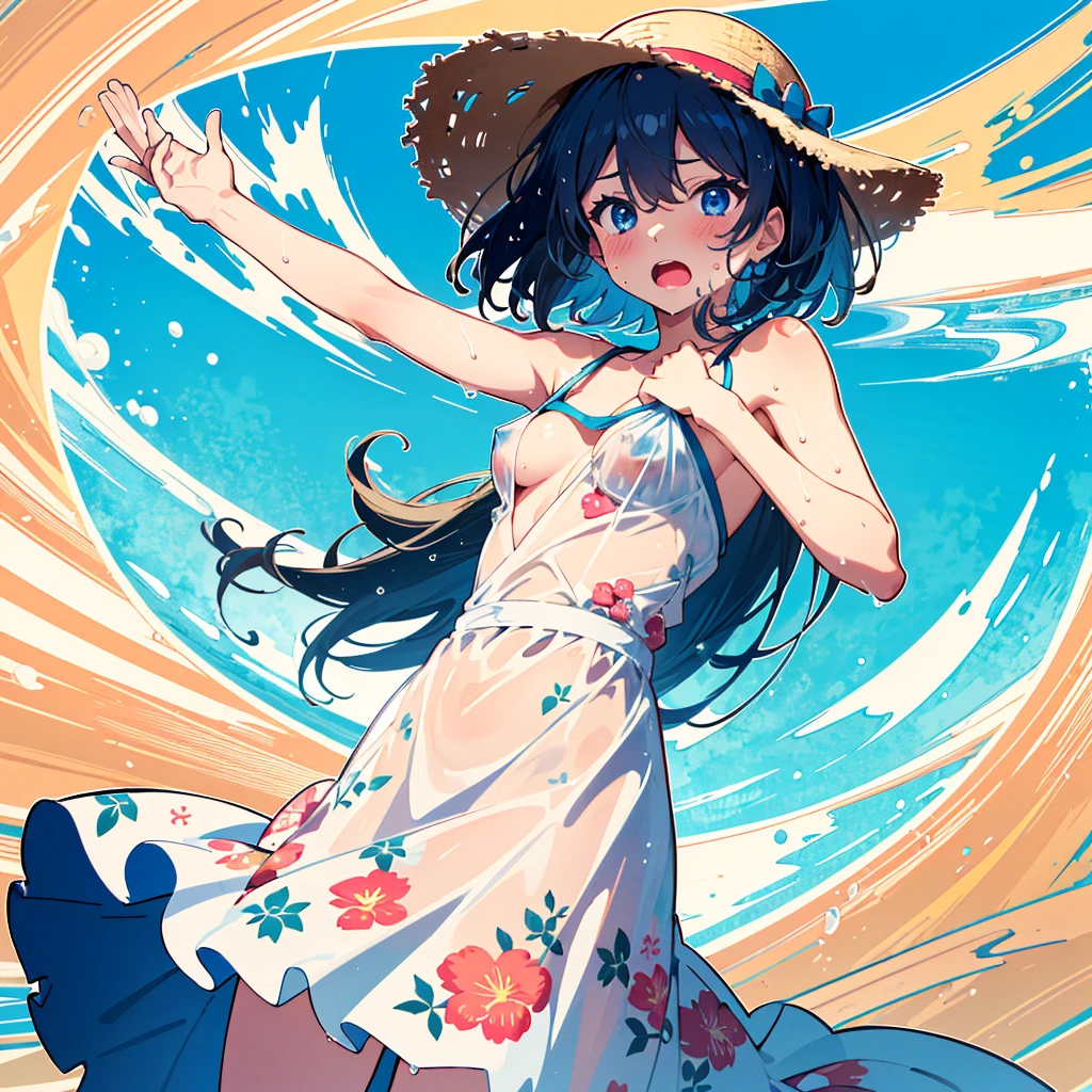 Absurd, Masterpiece, Best Quality, (Super Detailed), (Nice Hands, Perfect Hands), Ideal Proportions of the Body, BREAK (Vector Outline, Flat Color: 1.3), ((1girl)), Solo , stand, (raised hand) ), from the side, upper body close-up, big breasts, from below, on the sandy beach, blue sky, wind, rim light, sunlight, beautiful lighting, BREAK cute girl, 7 years old, (young: 1.8), fine blue eyes , (Eye highlights), Silver medium bob hair: 1.2), Medium breasts, Surprised, Wide open mouth, (Full blush), Sweat, Floating hair, BREAK (wearing floral sundress), (Floating skirt) , No panties: 1.3), Straw hat, Erotic position, {{{(((Clothes are wet and transparent, nsfw)))}}},