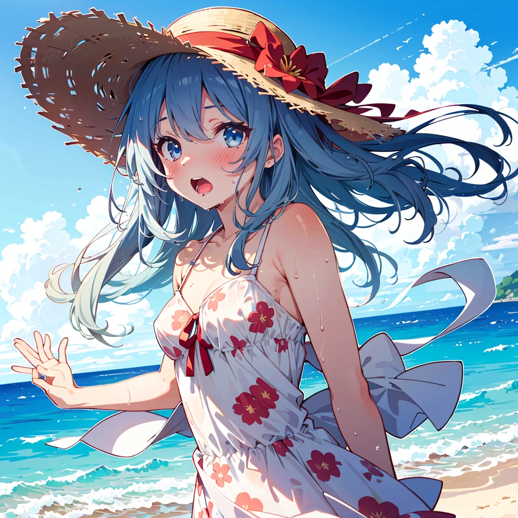 Absurd, Masterpiece, Best Quality, (Super Detailed), (Nice Hands, Perfect Hands), Ideal Proportions of the Body, BREAK (Vector Outline, Flat Color: 1.3), ((1girl)), Solo , stand, (raised hand) ), from the side, upper body close-up, big breasts, from below, on the sandy beach, blue sky, wind, rim light, sunlight, beautiful lighting, BREAK cute girl, 7 years old, (young: 1.8), fine blue eyes , (Eye highlights), Silver medium bob hair: 1.2), Medium breasts, Surprised, Wide open mouth, (Full blush), Sweat, Floating hair, BREAK (wearing floral sundress), (Floating skirt) , No panties: 1.3), Straw hat, Erotic position, {{{(((Clothes are wet and transparent, nsfw)))}}},