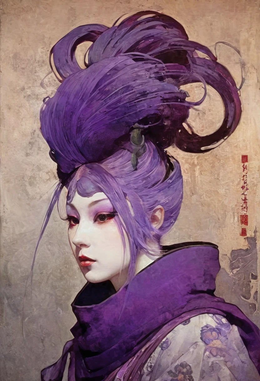 by Tsutomu Nihei,(strange but extremely beautiful:1.4),(masterpiece, best quality:1.4),in the style of nicola samori,purple ponytail, female, purple sexy mask,Ukiyo-e Art,Alphonse Mucha Style page