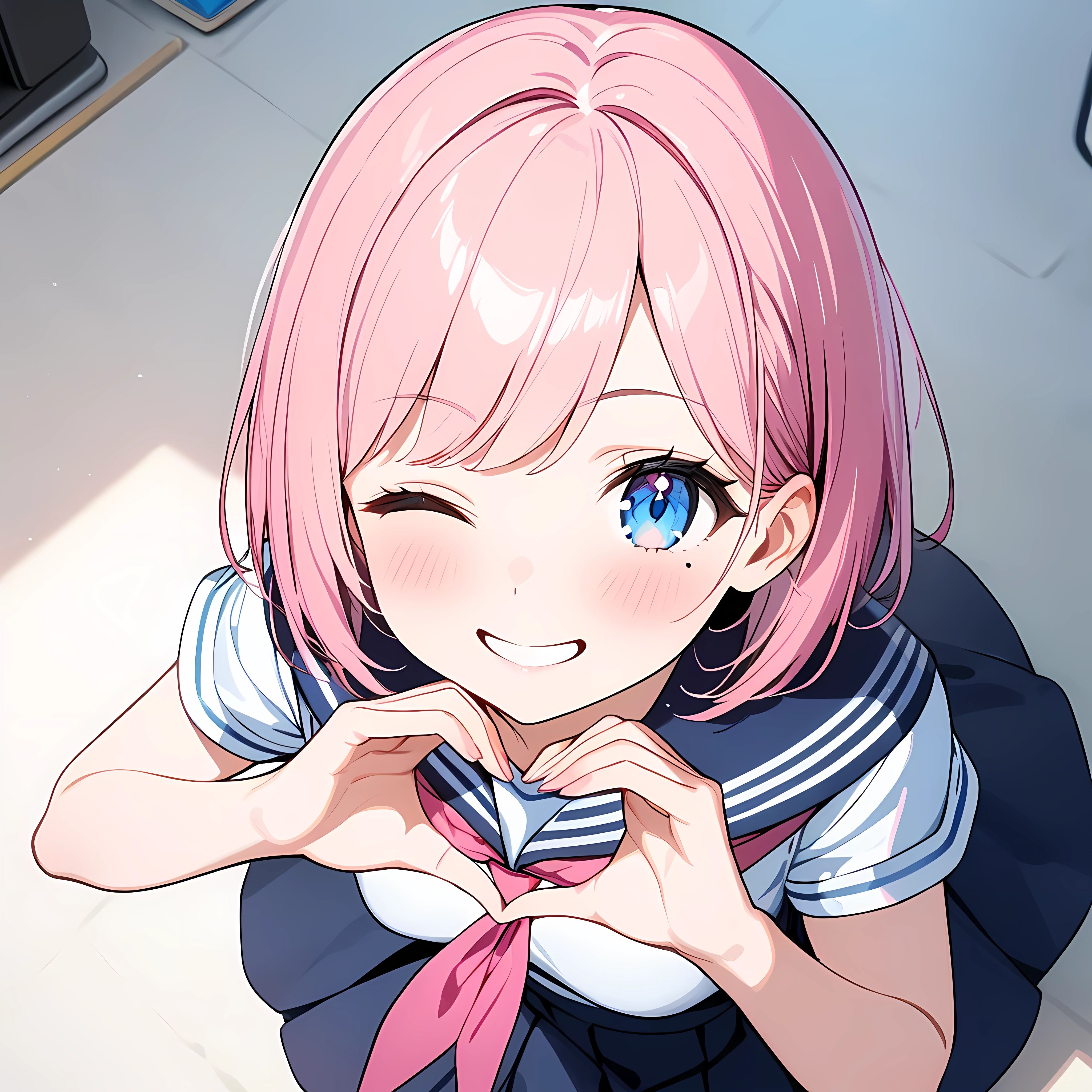 Anime girl with pink hair and blue eyes posing for a picture - SeaArt AI