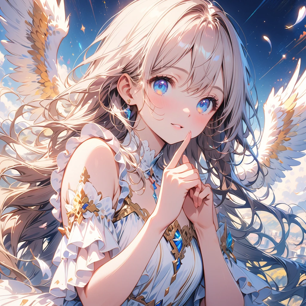 (best quality:1.2),(hands finger 5 digits:1.3),(extremely delicate and beautiful:1.3),(detailed ultra detailed:1.2),(scenery clear details:1.2),(scenery crystal clear :1.2),(solo),(blue eyes),(long white long hair),(white dress),(angel wings),(floating white feathers,starry sky),(clusters of stars,starry sky),(glinting stars),(solo),(long silver long hair),(best quality:1.2),(hands finger 5 digits:1.3),(extremely delicate and beautiful:1.3),(detailed ultra detailed:1.2),(scenery clear details:1.2),