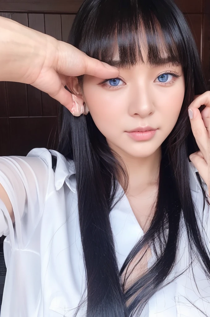 30-year-old woman,Long face,Black Hair,Asian,Long Hair,Long Bangs,Blue Eyes,White Shirt,Leather pants