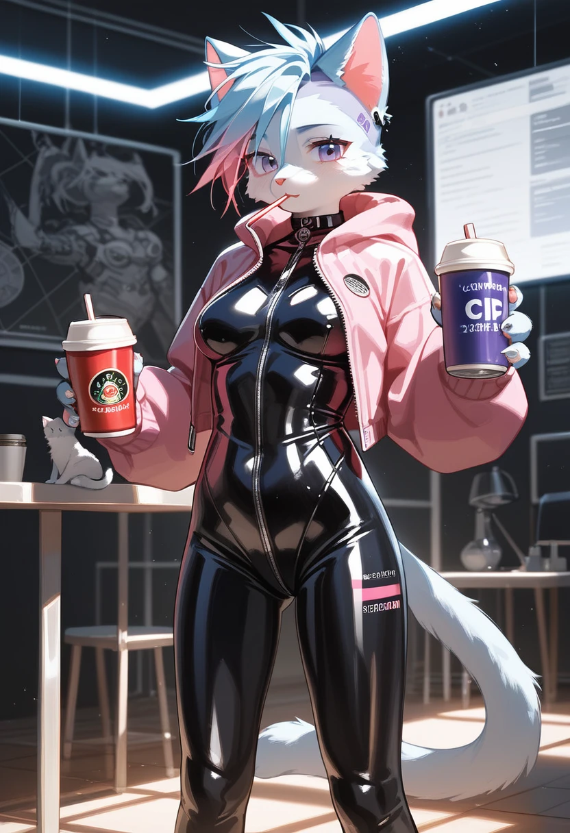 Highest quality, Highest quality, High quality illustrations, masterpiece, Ultra-high resolution, Detailed Background, room, Absurd, Perfect Anatomy, performance, Good lighting, Shadows in the movies(kemono, Furry PersonifiCation), Cat, Rubber Suit, latex, neon, neonライト, neonカラー, Bodysuits, Cyber Suit, cyber punk, Pink Rubber Hoodie, Drinking canned coffee, Earrings, Tattoo, Dynamic Angle