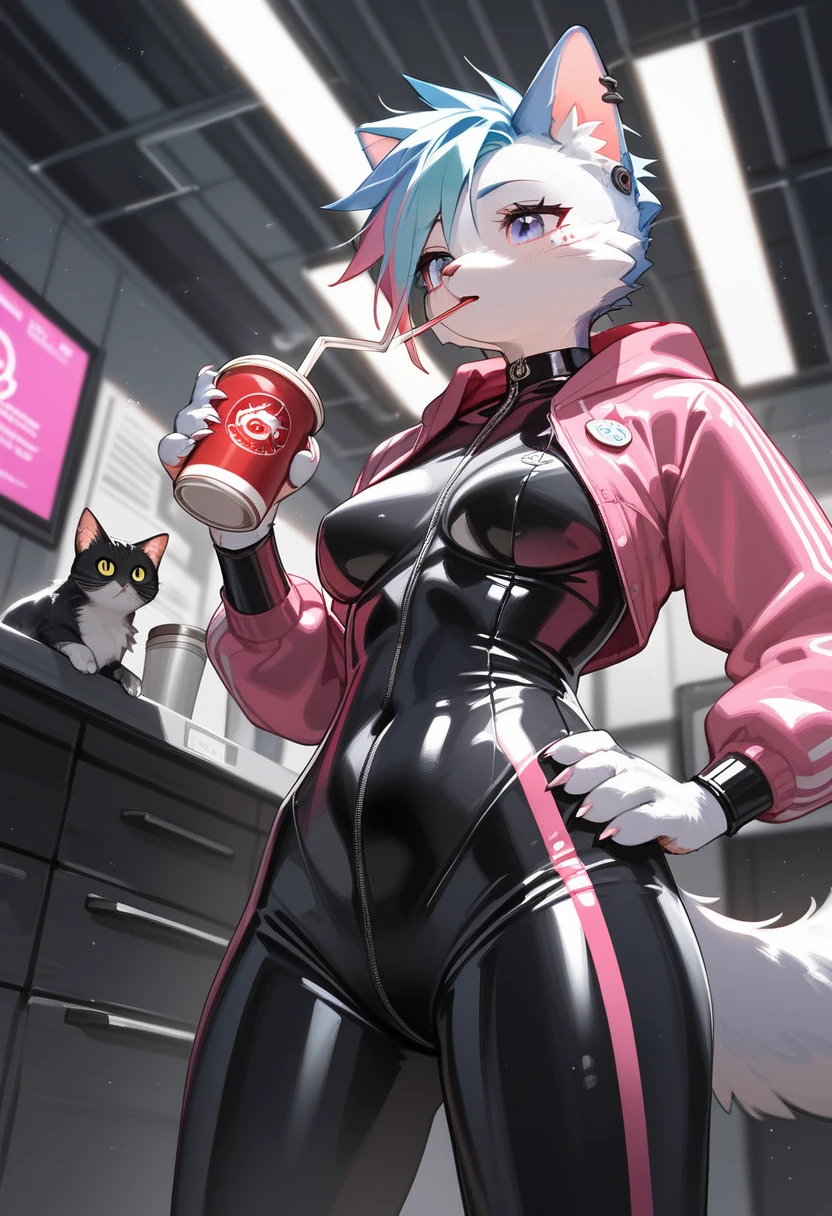 Highest quality, Highest quality, High quality illustrations, masterpiece, Ultra-high resolution, Detailed Background, room, Absurd, Perfect Anatomy, performance, Good lighting, Shadows in the movies(kemono, Furry PersonifiCation), Cat, Rubber Suit, latex, neon, neonライト, neonカラー, Bodysuits, Cyber Suit, cyber punk, Pink Rubber Hoodie, Drinking canned coffee, Earrings, Tattoo, Dynamic Angle