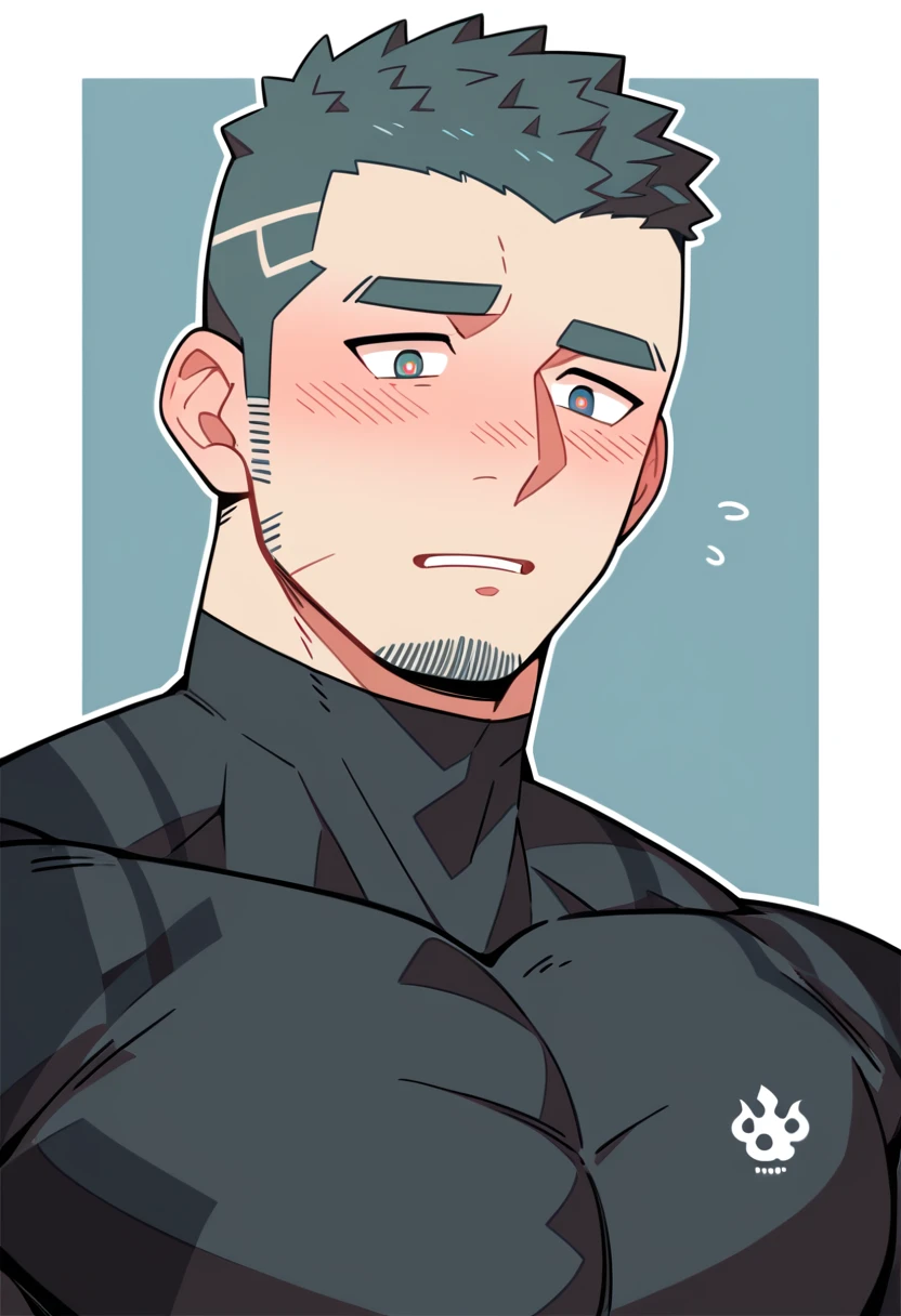 anime characters:Gyee Priapus, Muscle Sports Student, Buzz Cut, Manliness, male focus, Compression bodysuit, Yellow and black striped high collar long sleeve tight T-shirt, Very tight, Regular symmetrical pattern, full and perky chest muscles, muscular male, muscular, only, Upper body, alone, Red short hair, Thick eyebrows, stubble, Brown-red pupils, White background, simple background, amazing quality, best aesthetics, Ridiculous, crew cut, parted lips, flustered, endured face, shy, blush, negative space, best quality