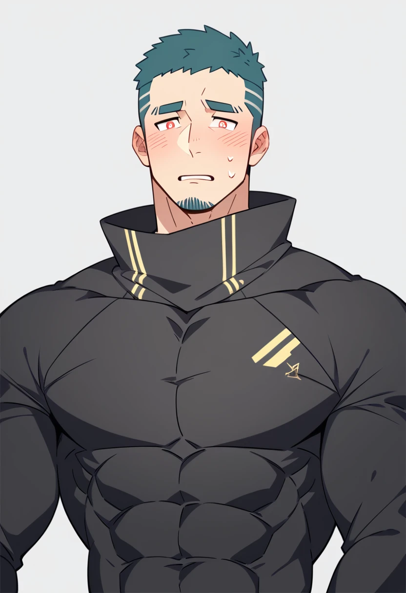 anime characters:Gyee Priapus, Muscle Sports Student, Buzz Cut, Manliness, male focus, Compression bodysuit, Yellow and black striped high collar long sleeve tight T-shirt, Very tight, Regular symmetrical pattern, full and perky chest muscles, muscular male, muscular, only, Upper body, alone, Red short hair, Thick eyebrows, stubble, Brown-red pupils, White background, simple background, amazing quality, best aesthetics, Ridiculous, crew cut, parted lips, flustered, endured face, shy, blush, negative space, best quality