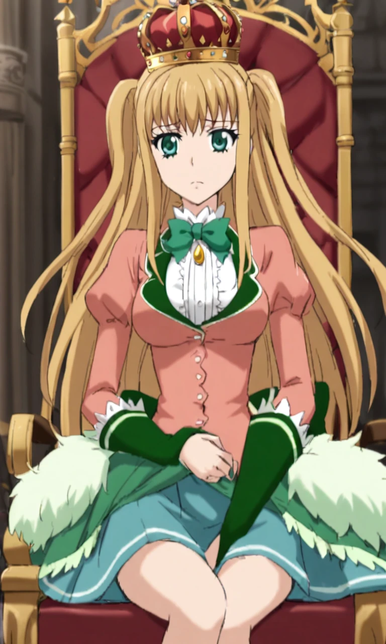 1girl,  By Cecilia, Open blonde hair, Hair length,   , Royal long fluffy golden dresedium breasts, red roses ，Sitting on a royal chair, a queen sitting on a throne, a crown