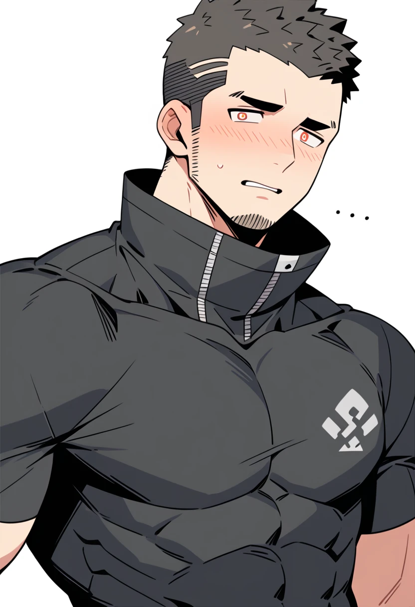 anime characters：Gyee Priapus, Muscle Sports Student, Buzz Cut, Manliness, male focus, Compression bodysuit, Yellow and black striped high collar long sleeve tight T-shirt, Very tight, Regular symmetrical pattern, full and perky chest muscles, muscular male, muscular, only, Upper body, alone, Red short hair, Thick eyebrows, stubble, Brown-red pupils, White background, simple background, amazing quality, best aesthetics, Ridiculous, crew cut, parted lips, flustered, endured face, shy, blush, negative space, best quality