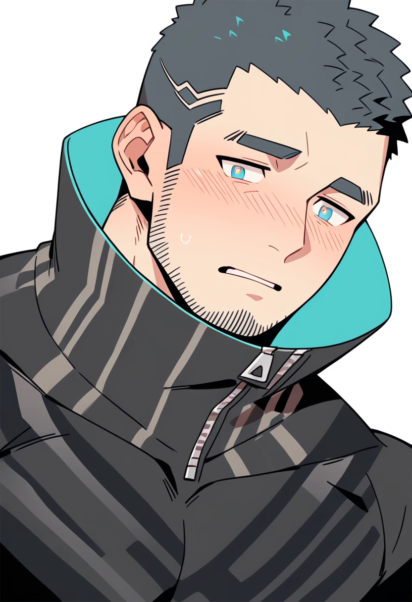 anime characters:Gyee Priapus, Muscle Sports Student, Buzz Cut, Manliness, male focus, Compression bodysuit, Yellow and black striped high collar long sleeve tight T-shirt, Very tight, Regular symmetrical pattern, full and perky chest muscles, muscular male, muscular, only, Upper body, alone, Red short hair, Thick eyebrows, stubble, Brown-red pupils, White background, simple background, amazing quality, best aesthetics, Ridiculous, crew cut, parted lips, flustered, endured face, shy, blush, negative space, best quality