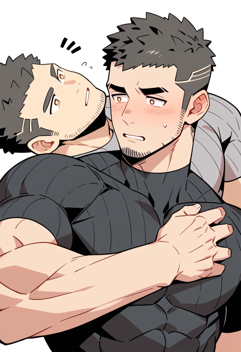 anime characters：Gyee Priapus, Muscle Sports Student, Buzz Cut, Manliness, male focus, Compression bodysuit, Yellow and black striped high collar long sleeve tight T-shirt, Very tight, Regular symmetrical pattern, full and perky chest muscles, muscular male, muscular, only, Upper body, alone, Red short hair, Thick eyebrows, stubble, Brown-red pupils, White background, simple background, amazing quality, best aesthetics, Ridiculous, crew cut, parted lips, flustered, endured face, shy, blush, negative space, best quality