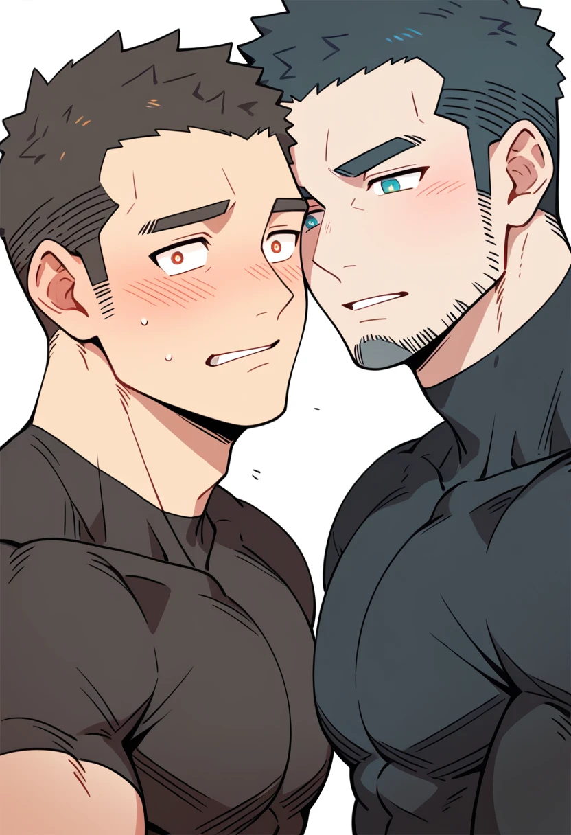 anime characters:Gyee Priapus, Muscle Sports Student, Buzz Cut, Manliness, male focus, Compression bodysuit, Yellow and black high collar long sleeve tight diving suit, Very tight, Regular symmetrical pattern, full and perky chest muscles, muscular male, muscular, only, Upper body, alone, Red short hair, Thick eyebrows, stubble, Brown-red pupils, White background, simple background, amazing quality, best aesthetics, Ridiculous, crew cut, parted lips, flustered, endured face, shy, blush, negative space, negative space, best quality