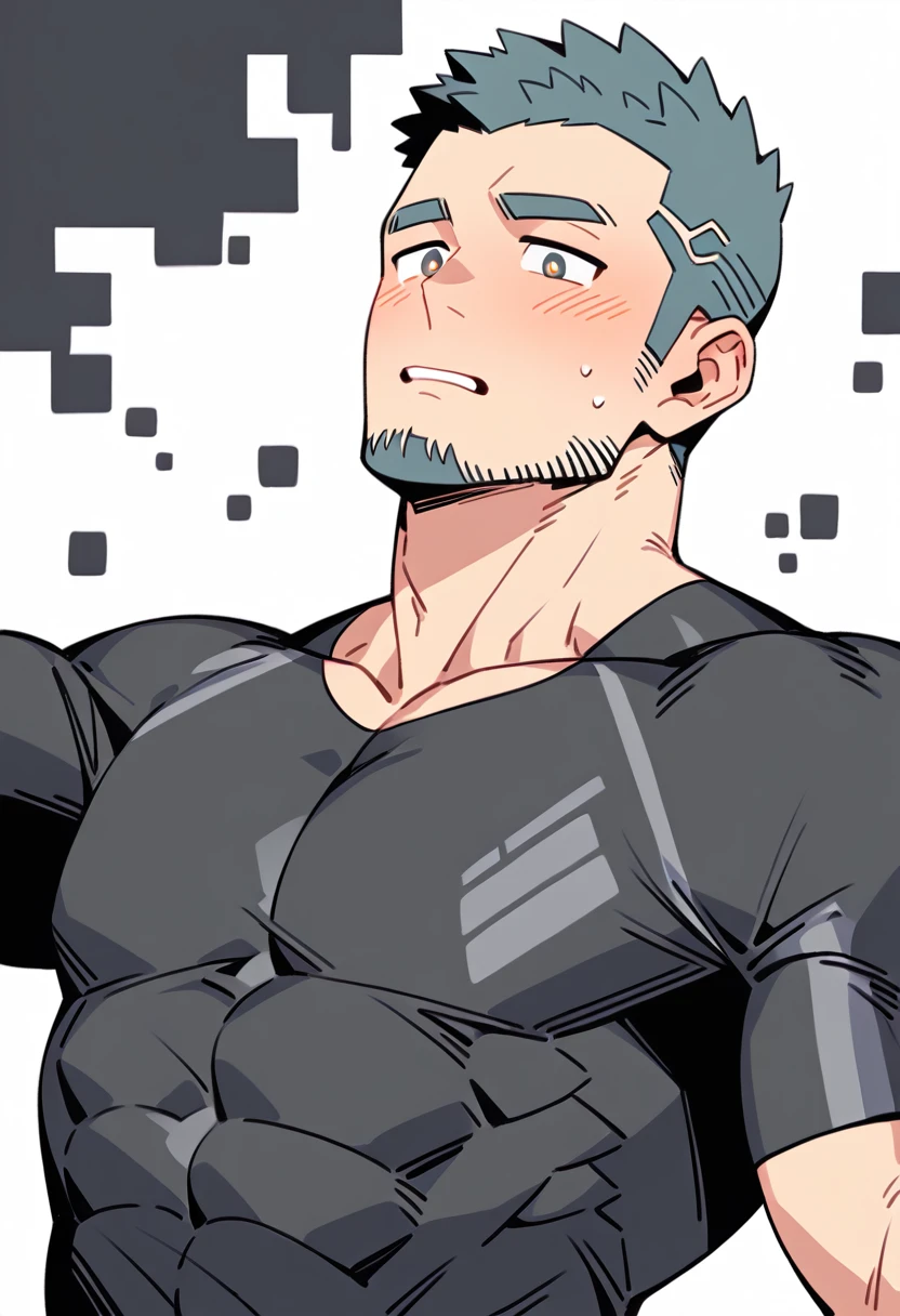 anime characters:Gyee Priapus, Muscle Sports Student, Buzz Cut, Manliness, male focus, Compression bodysuit, Yellow and black striped high collar long sleeve tight T-shirt, Very tight, Regular symmetrical pattern, full and perky chest muscles, muscular male, muscular, only, Upper body, alone, Red short hair, Thick eyebrows, stubble, Brown-red pupils, White background, simple background, amazing quality, best aesthetics, Ridiculous, crew cut, parted lips, flustered, endured face, shy, blush, negative space, best quality