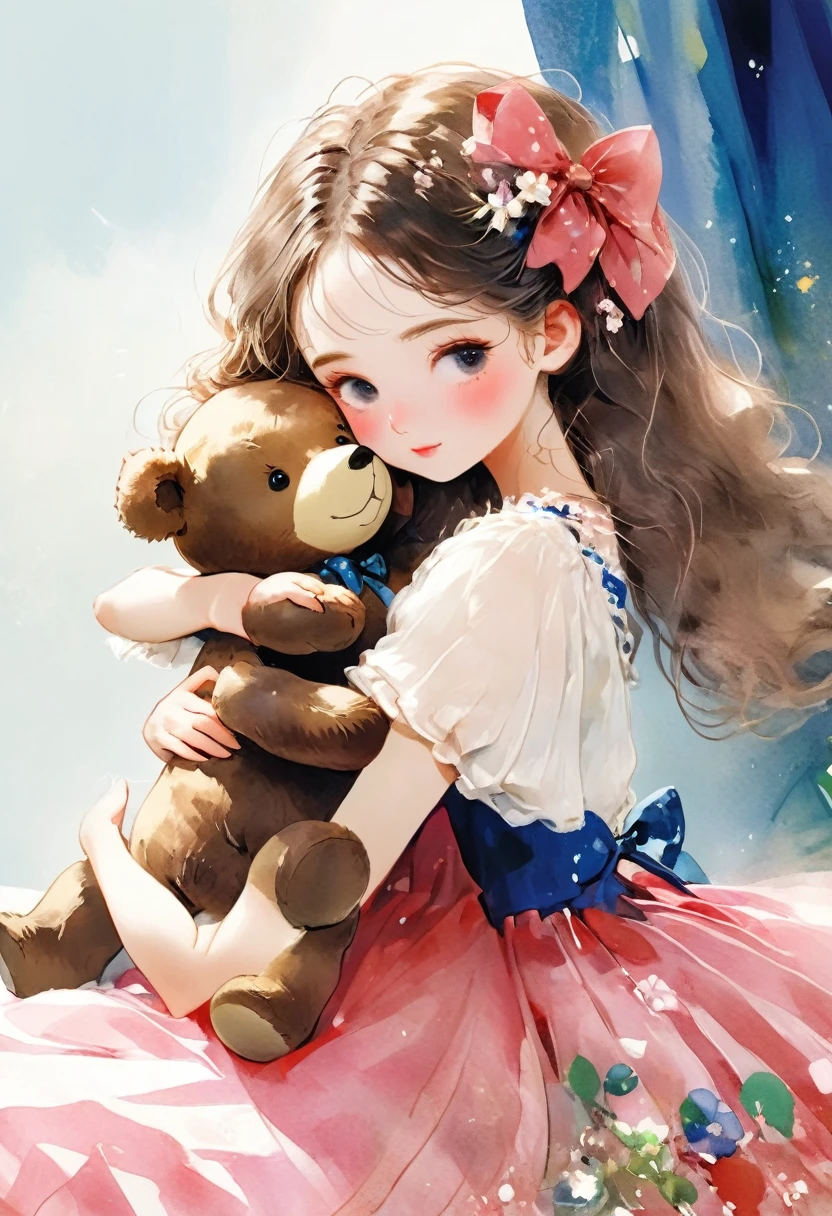 ((antique:1.5)),((hugging a teddy bear)),(Teddy bear),Beautiful and cute woman,1 Female,Solo,Sharp features,Sophisticated,((Watercolor:1.5)),Manga,whole body,超High resolution,((Attention to detail:1.5)),high quality,High resolution,最high quality,(vintage:1.4),(Dynamic Pose:1.3),Dull color,So adorable,model like,Fluffy atmosphere,(Accurate body),((antiqueな服)),(Super Detail),Fashionable hairstyle,Pink Dress,