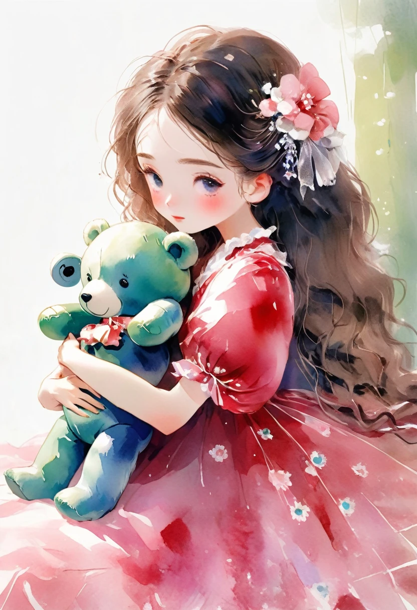 ((antique:1.5)),((hugging a teddy bear)),(Teddy bear),Beautiful and cute woman,1 Female,Solo,Sharp features,Sophisticated,((Watercolor:1.5)),Manga,whole body,超High resolution,((Attention to detail:1.5)),high quality,High resolution,最high quality,(vintage:1.4),(Dynamic Pose:1.3),Dull color,So adorable,model like,Fluffy atmosphere,(Accurate body),((antiqueな服)),(Super Detail),Fashionable hairstyle,Pink Dress,