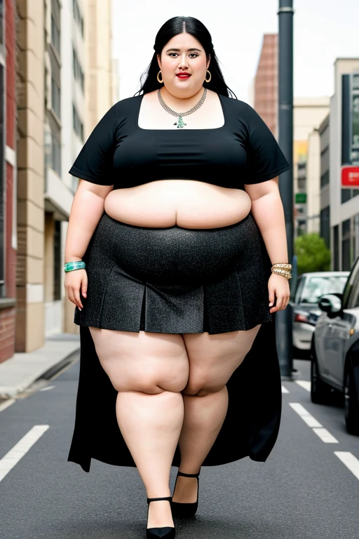 masterpiece, best quality, live action photo, 140kg extremely obese woman, large stomach, mini skirt, high heel, necklace, earring, bracelet