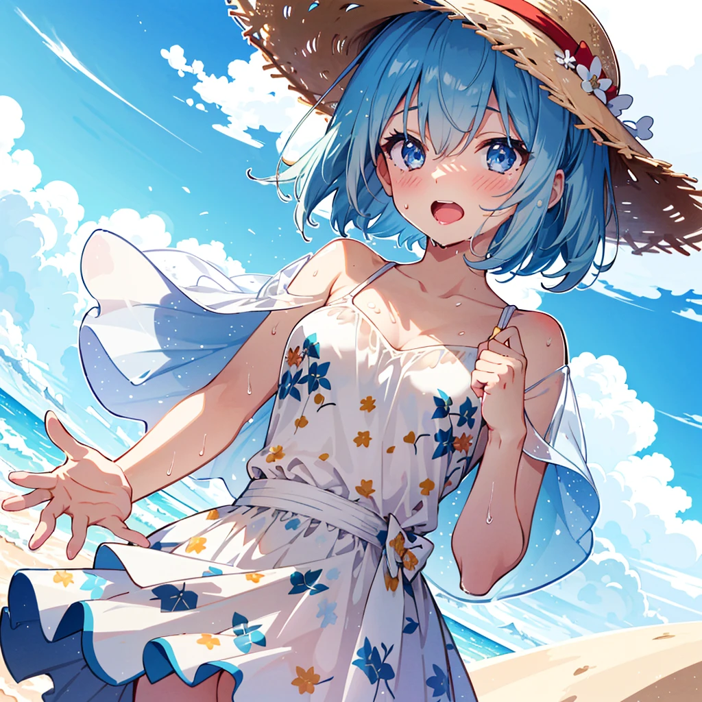 Unrealistic Perspective , dynamic angle , rule of thirds Layout , Bokeh  , dynamic fashion model action , realistic hairy fur , round face , moist round eyes , Swollen cheeks , hair ties , Short stature , accidents , Happenings , sensational , Blue haired anime girl in a straw hat and blue dress, artwork in the style of Gweitz, Beautiful anime portraits, Gweitz, Beautiful Anime Girls, beautiful Anime Style, Turquoise hair anime girl, Anime Style. 8k, In the art style of Bouwater, Beautiful digital illustrations, Beautiful character drawings, Stunning Anime Face Portraits